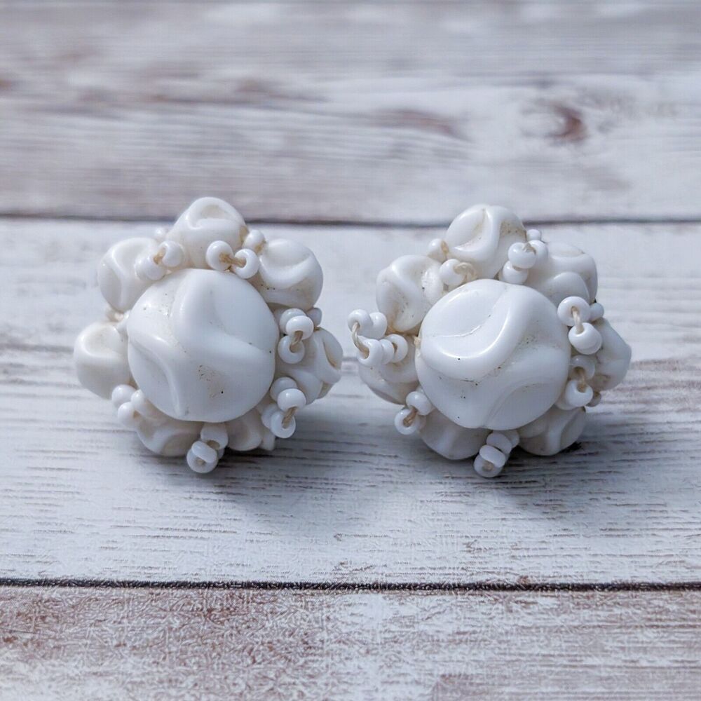 Vintage Screw On Earrings - Retro Off White Cluster Unusual 1" - Fair Condition